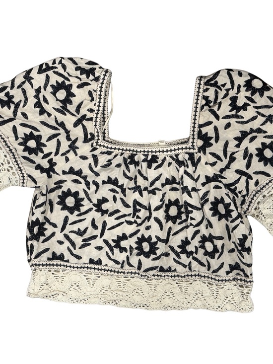 Christian Siriano Tops - Boho Black & White Linen Blend Cropped Embroidered Peasant Top